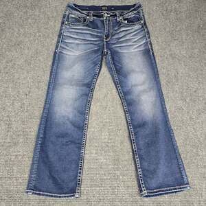 Buckle Black Jeans Mens 36R 36x32 Fit No 9 Bootleg Blue Wash Distressed Stitch